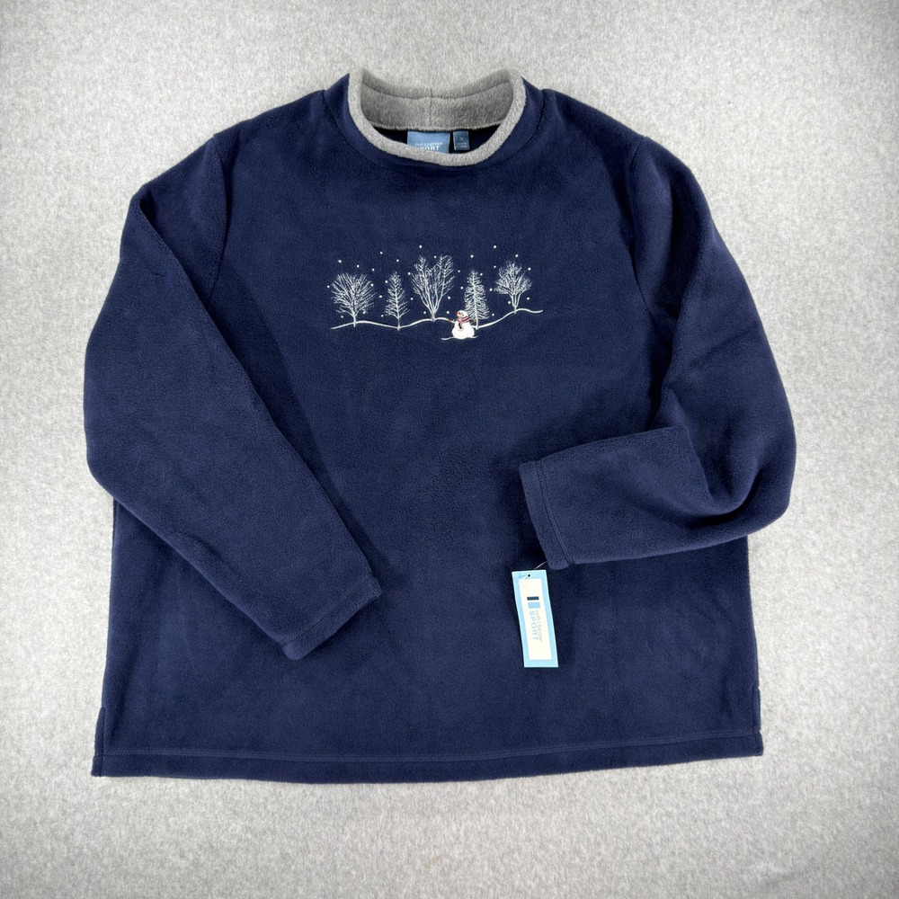 Croft & Barrow Sport Womens 1X Fleece Sweatshirt Snowman Silver Tree Navy Blue